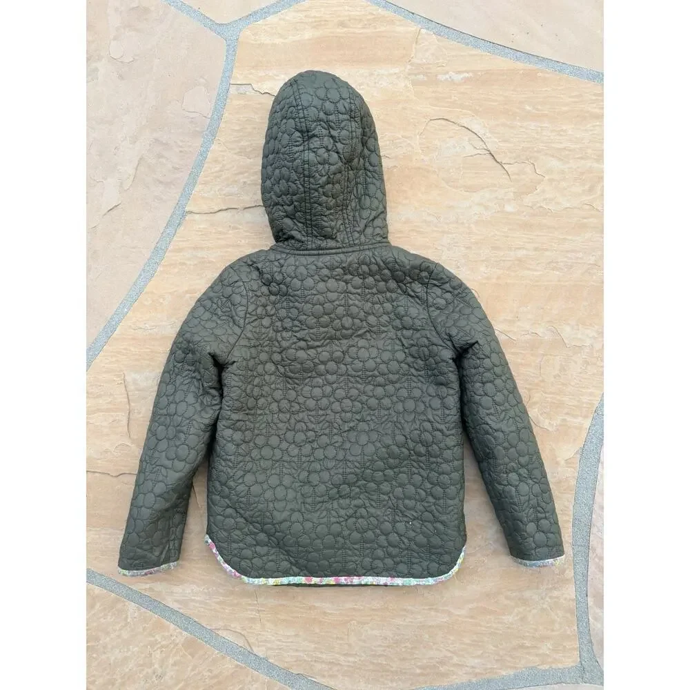 Mini Boden Olive Green Quilted Hooded Jacket with Floral Trim - Picture 3 of 4